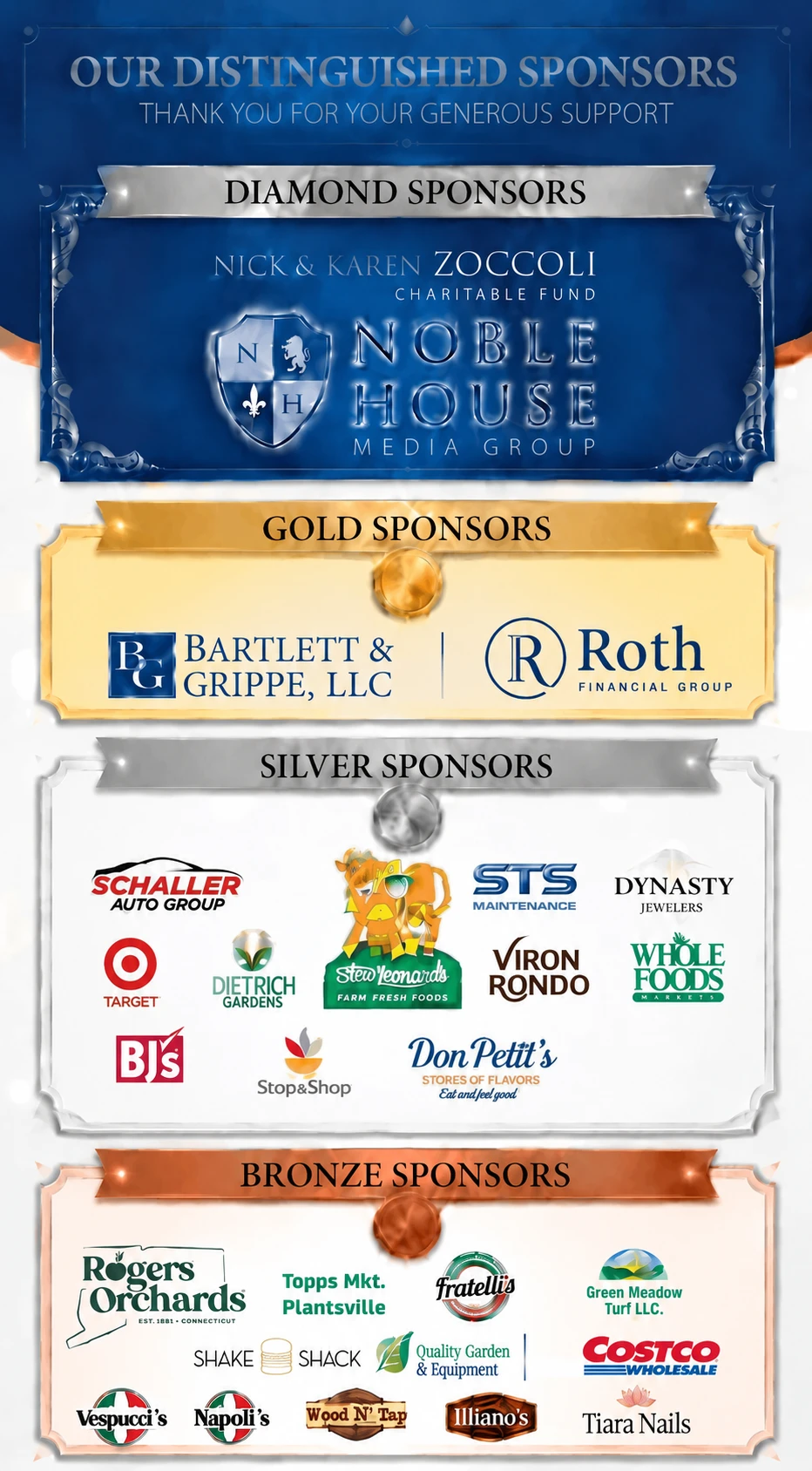 Cycling With Cancer sponsor tiers: Diamond, Gold, Silver, and Bronze, with the logo of each sponsoring business under its tier